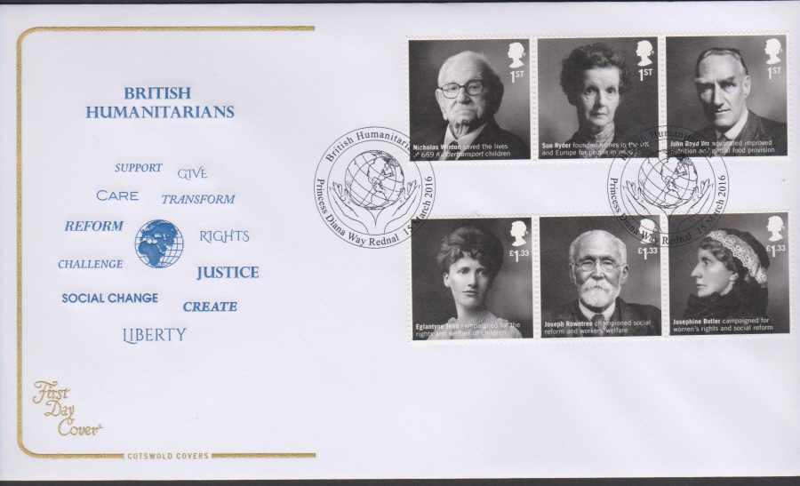2016 - British Humanitarians Cotswold First Day Cover - Princess Diana Way Rednal Postmark